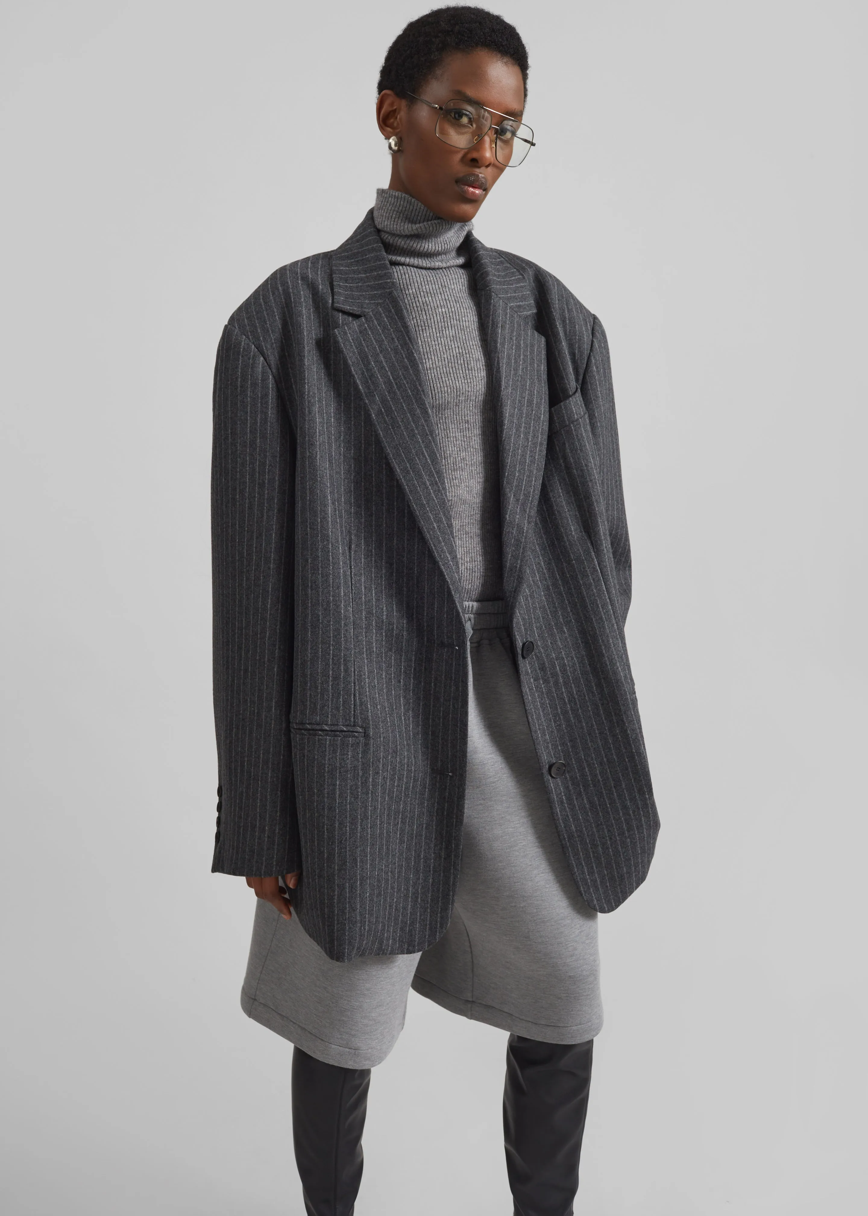 Stora Oversized Wool Blazer - Grey/White Pinstripe