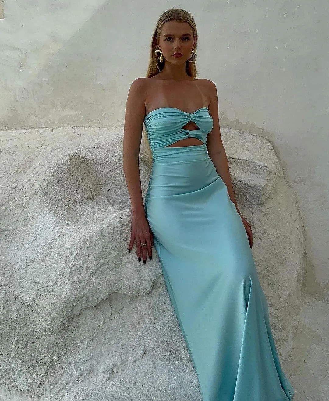 Strapless Aqua Blue Sheath Long Prom Dresses