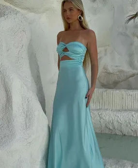 Strapless Aqua Blue Sheath Long Prom Dresses