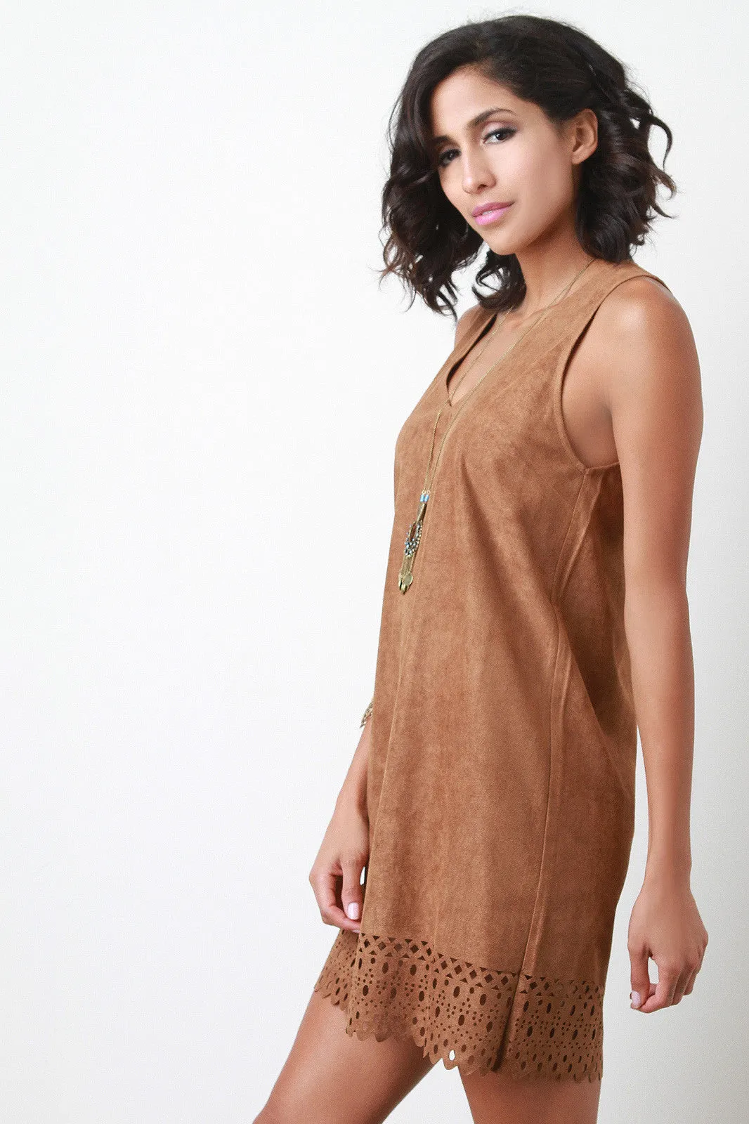 Suede Perforated Trim Shift Dress