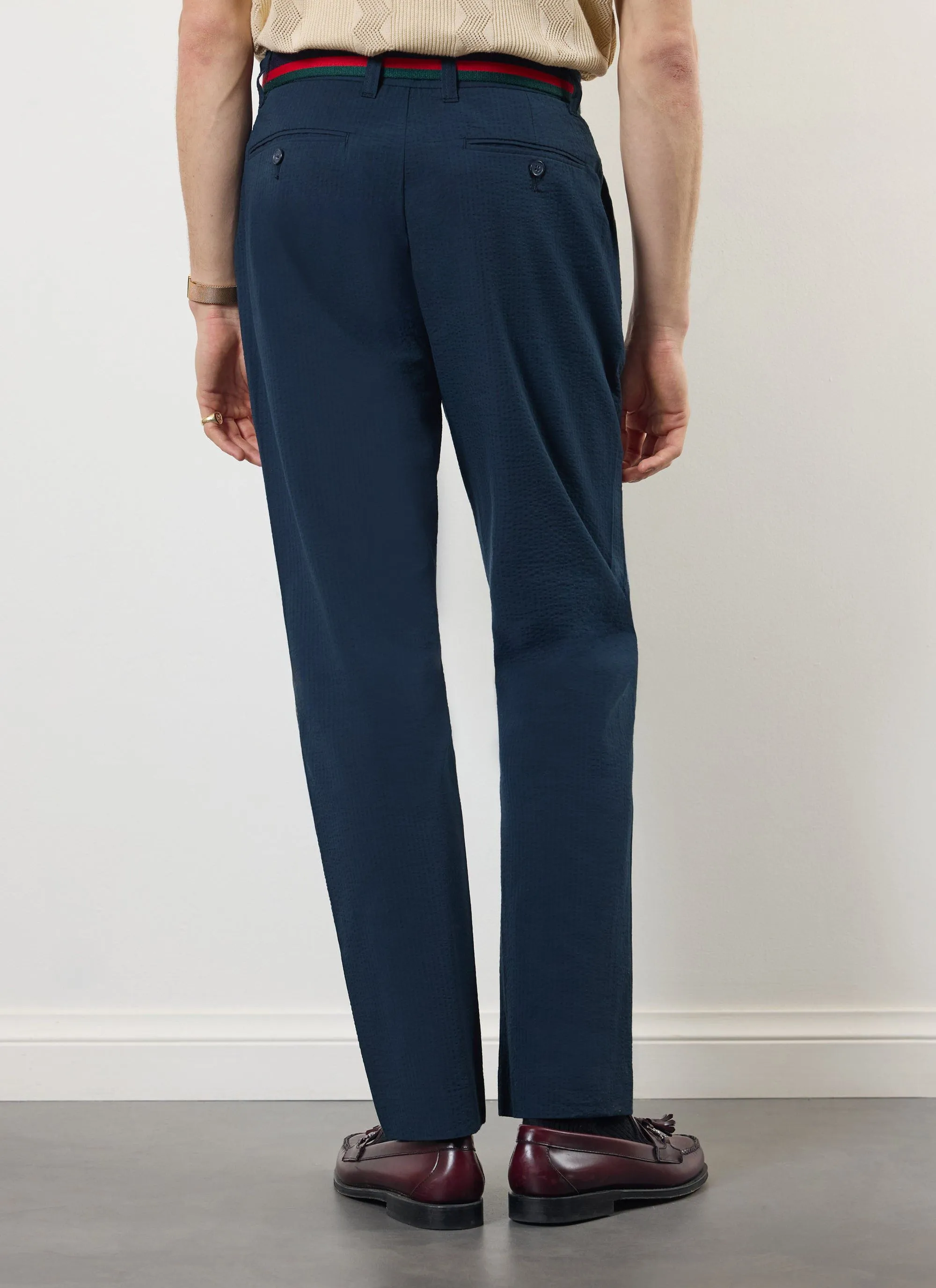 Tailored Seersucker Trousers | Navy