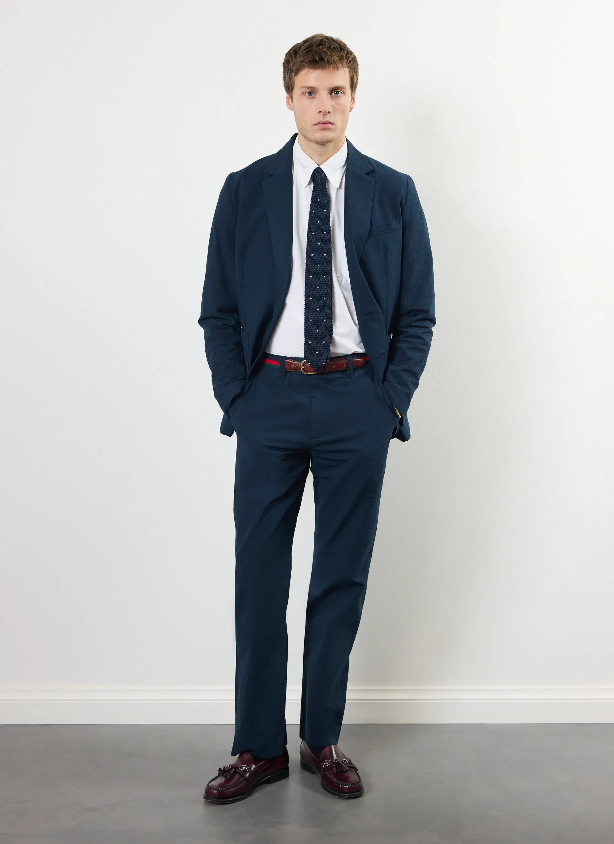 Tailored Seersucker Trousers | Navy