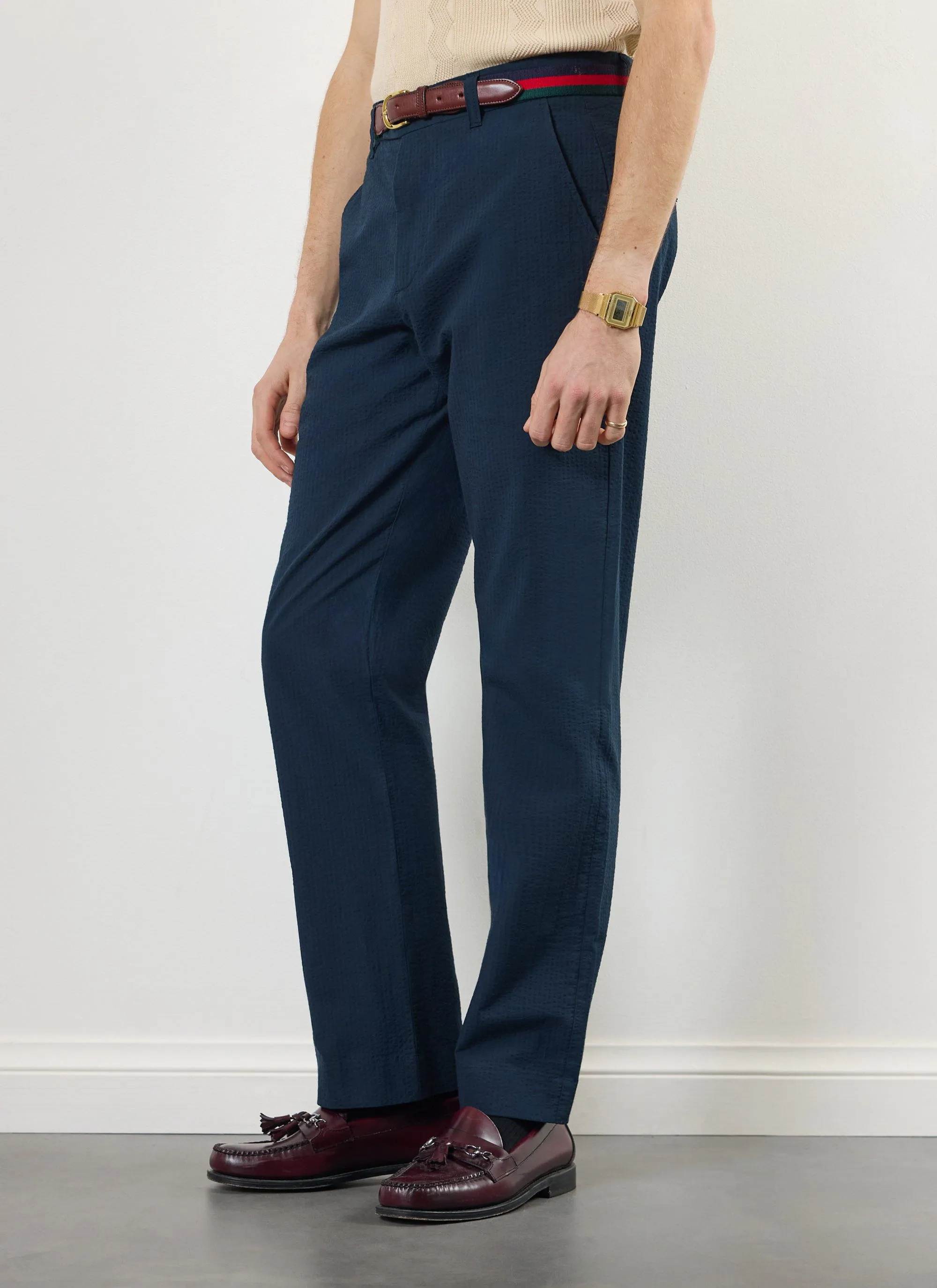 Tailored Seersucker Trousers | Navy