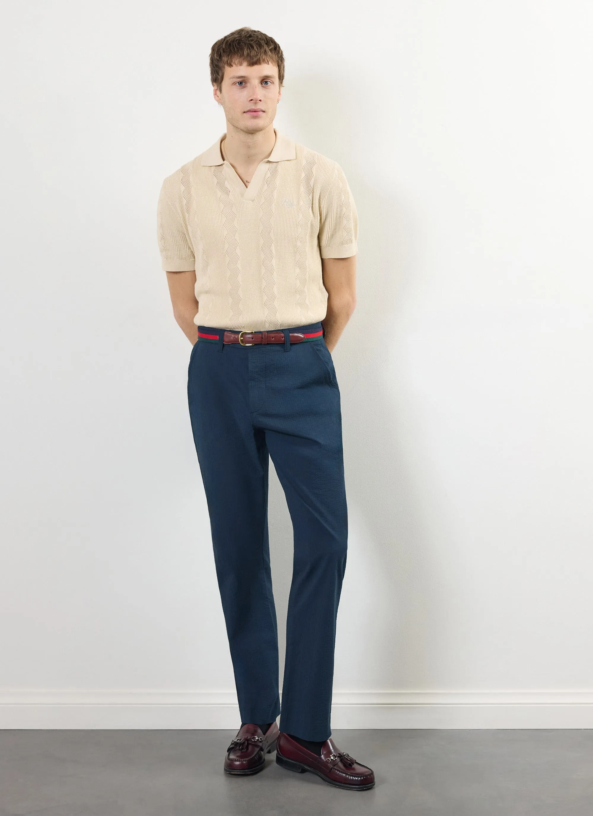 Tailored Seersucker Trousers | Navy