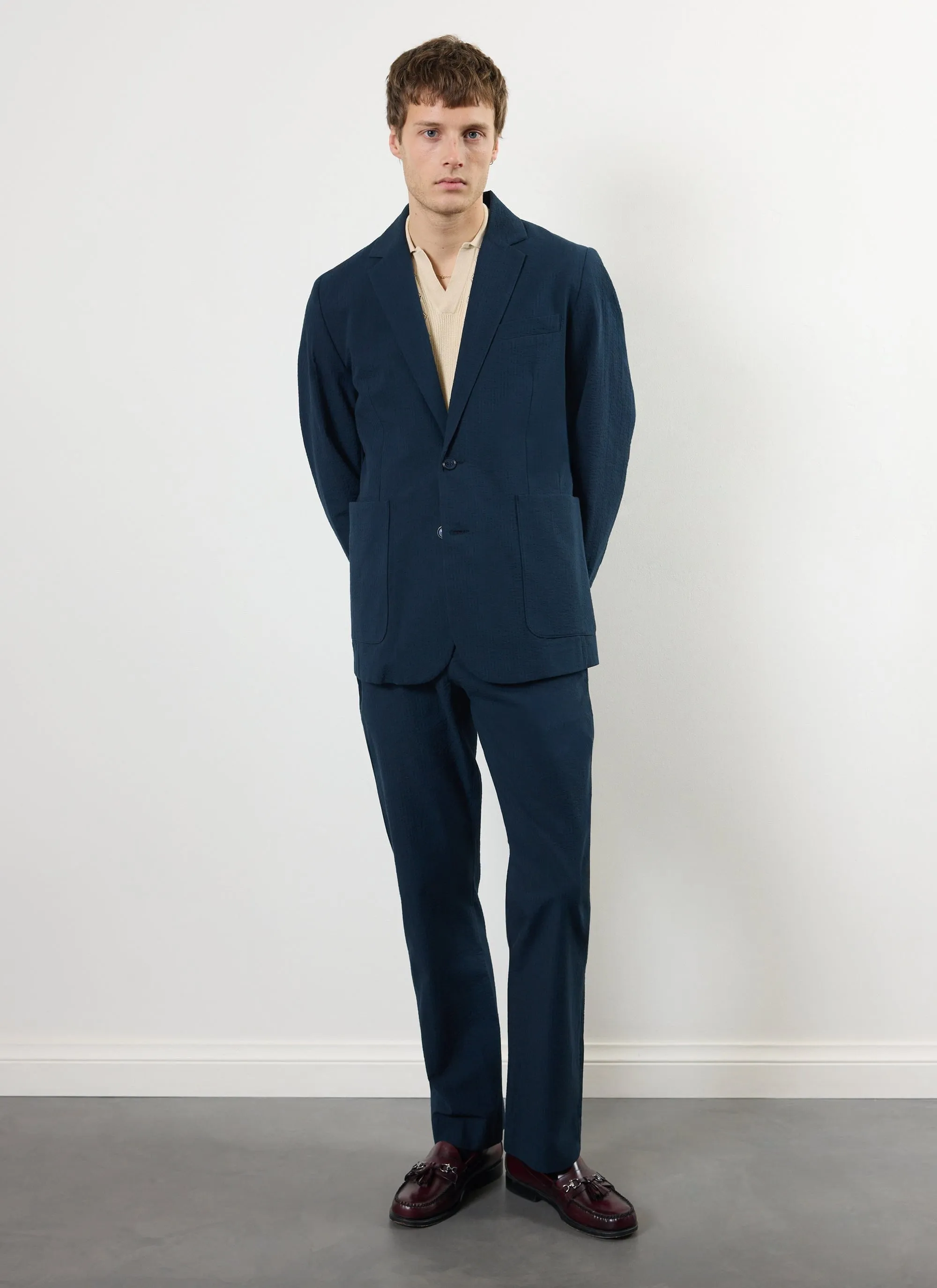 Tailored Seersucker Trousers | Navy