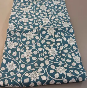 Teal & White Floral Viscose Muslin Silk Fabric