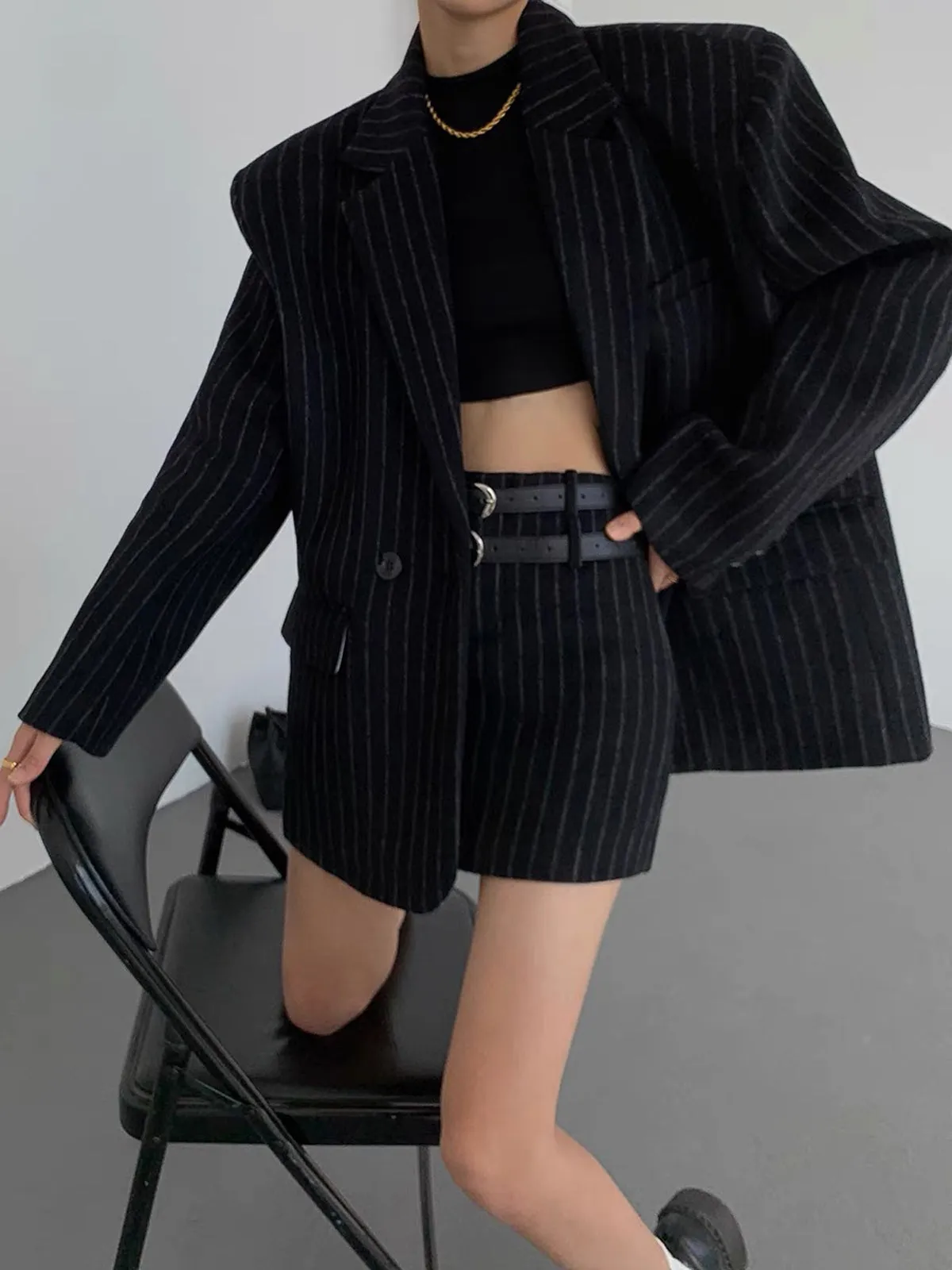 Tweed Pinstripe Graceful Oversized Blazer