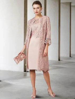 Two Piece Sheath / Column Mother of the Bride Dress Church Elegant Jewel Neck Knee Length Chiffon Lace Short Sleeve Jacket Dresses with Appliques