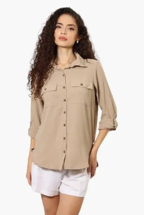 Urbanology Roll Up Sleeve Button Down Shirt - Beige