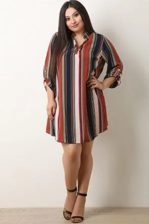 Vertical Multi Striped V-Neck Shift Dress