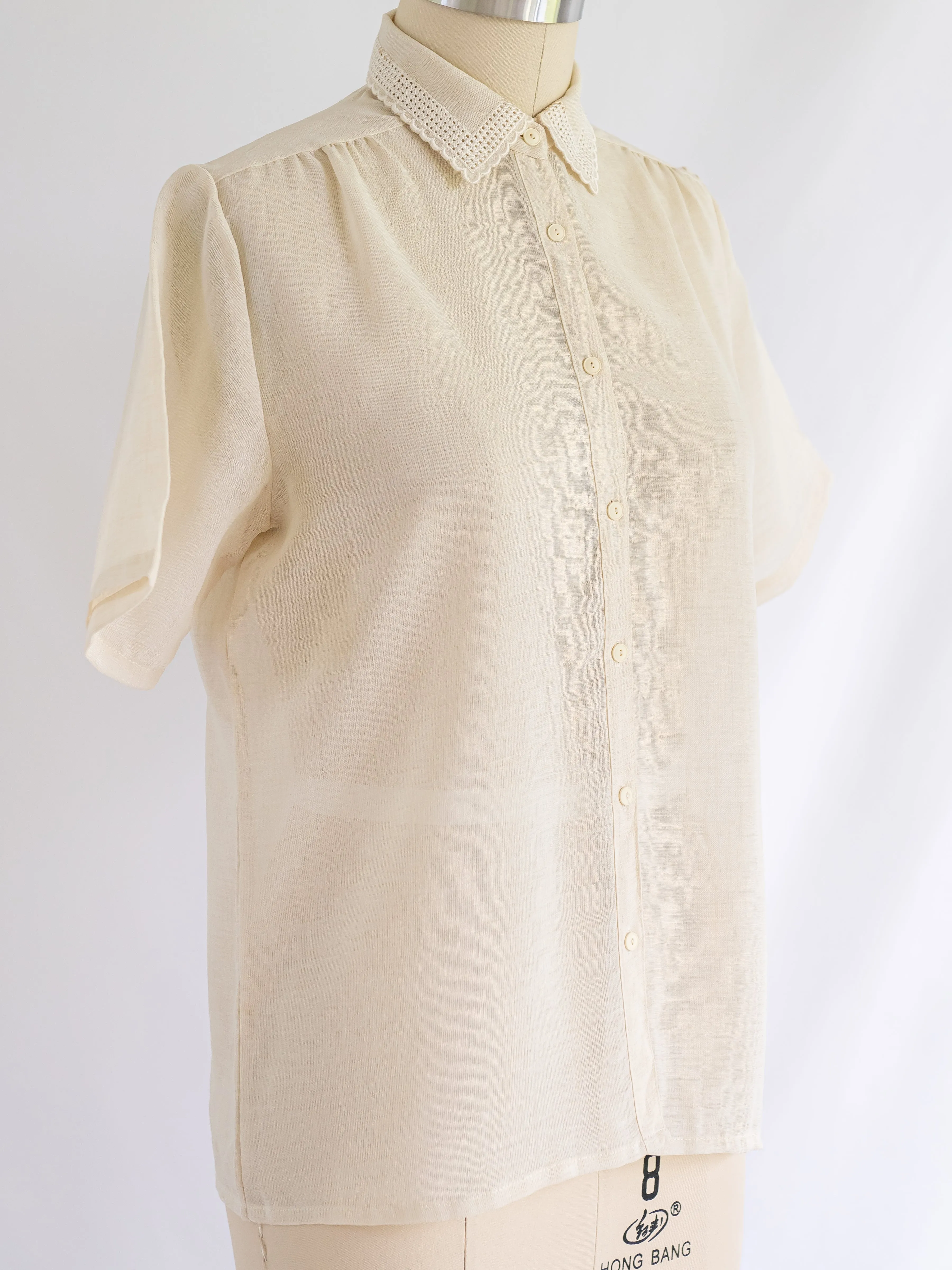 Vintage Polyester Lace Collared Button Up Blouse