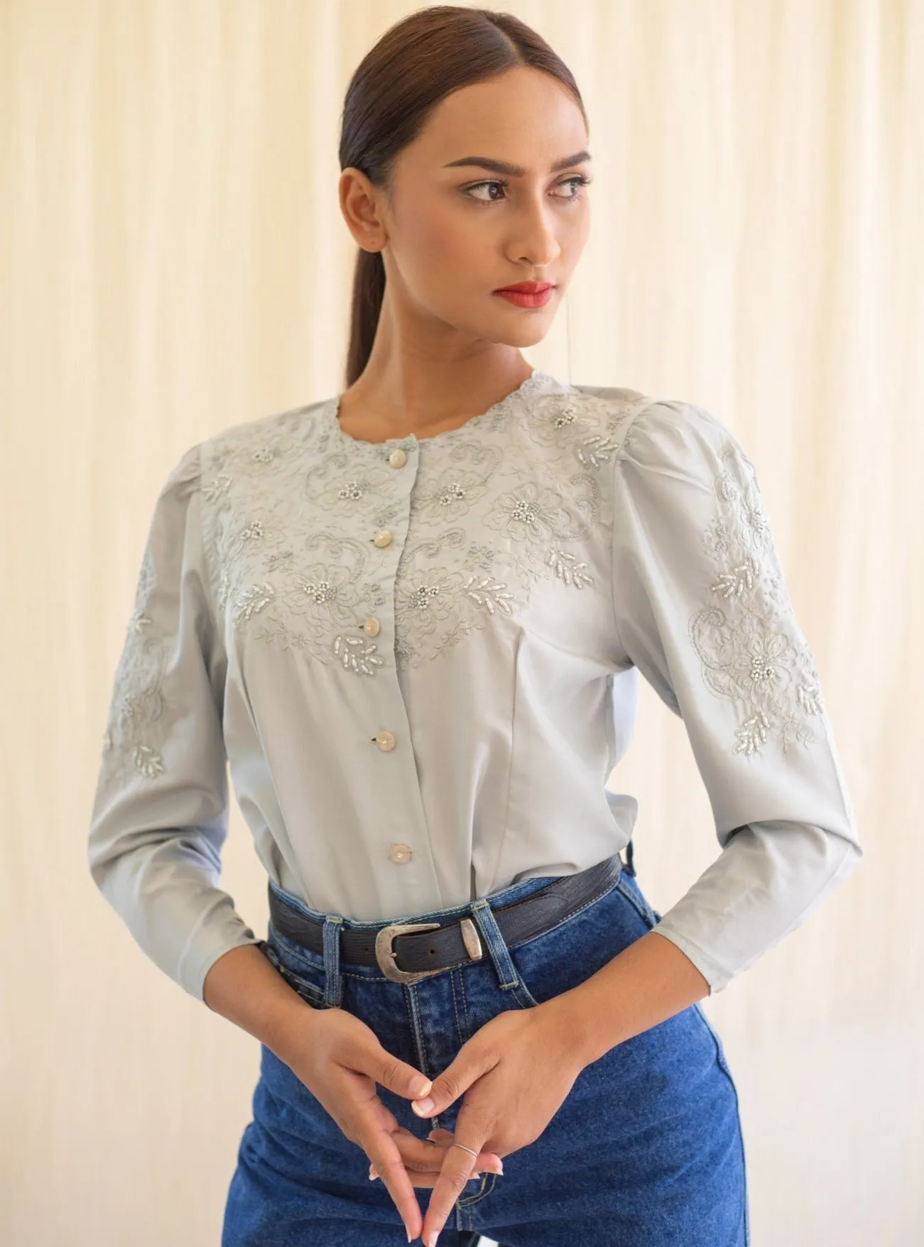 Vintage Silk Grey Embroidery Detail Full Sleeved Blouse