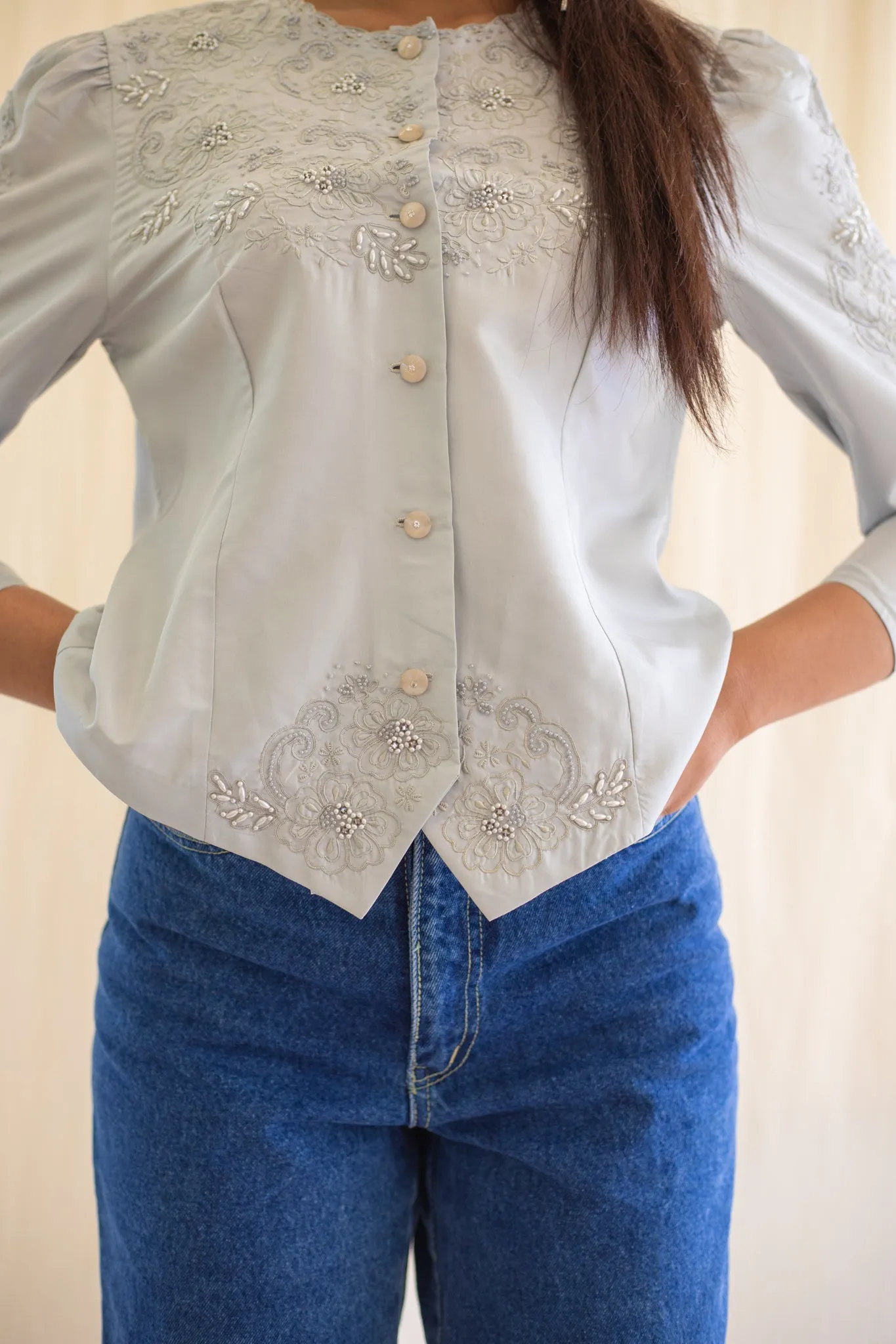 Vintage Silk Grey Embroidery Detail Full Sleeved Blouse