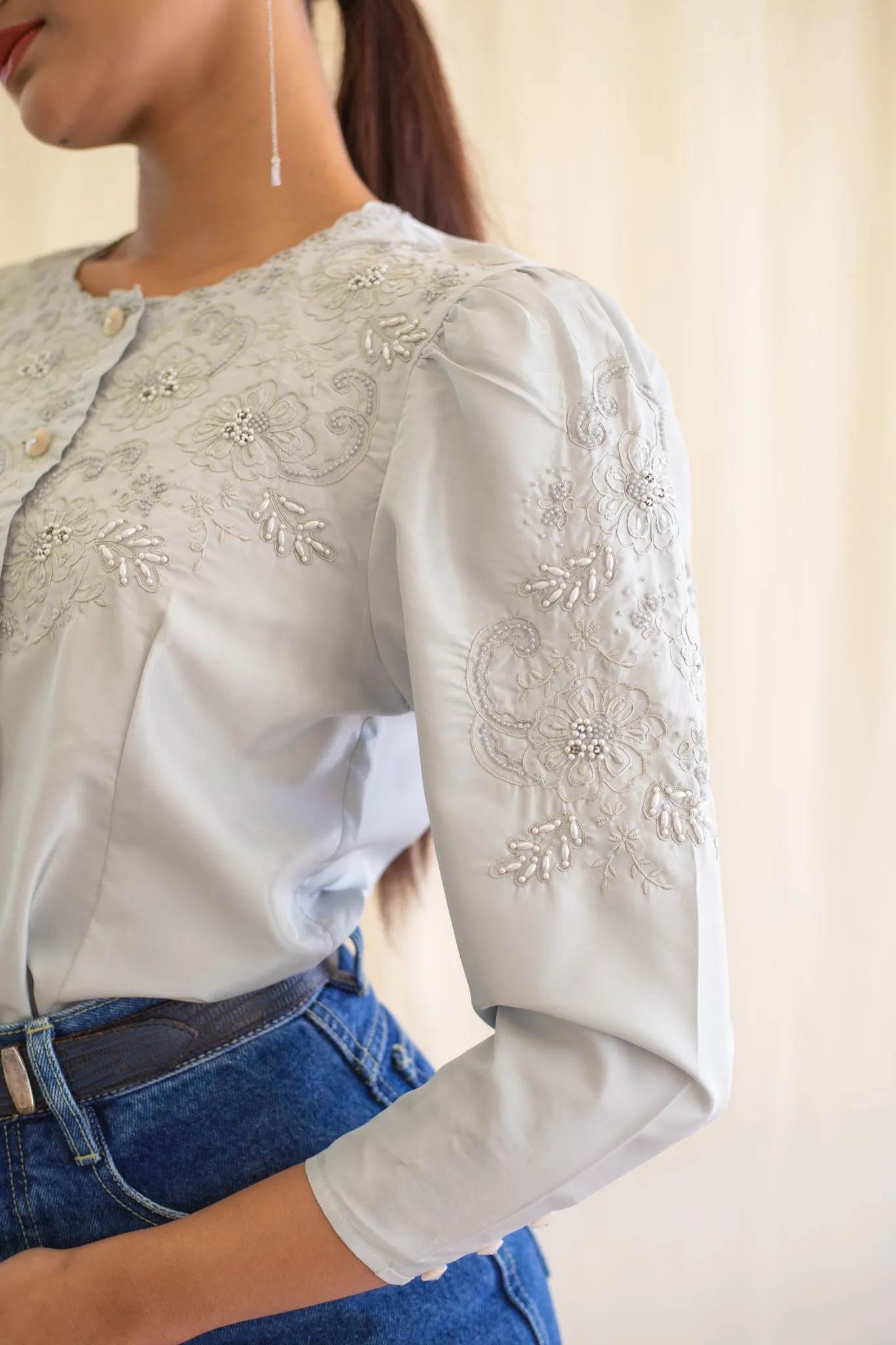 Vintage Silk Grey Embroidery Detail Full Sleeved Blouse