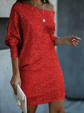 Wedding Guest Glitter Bat-Sleeve Autumn Shift Dress