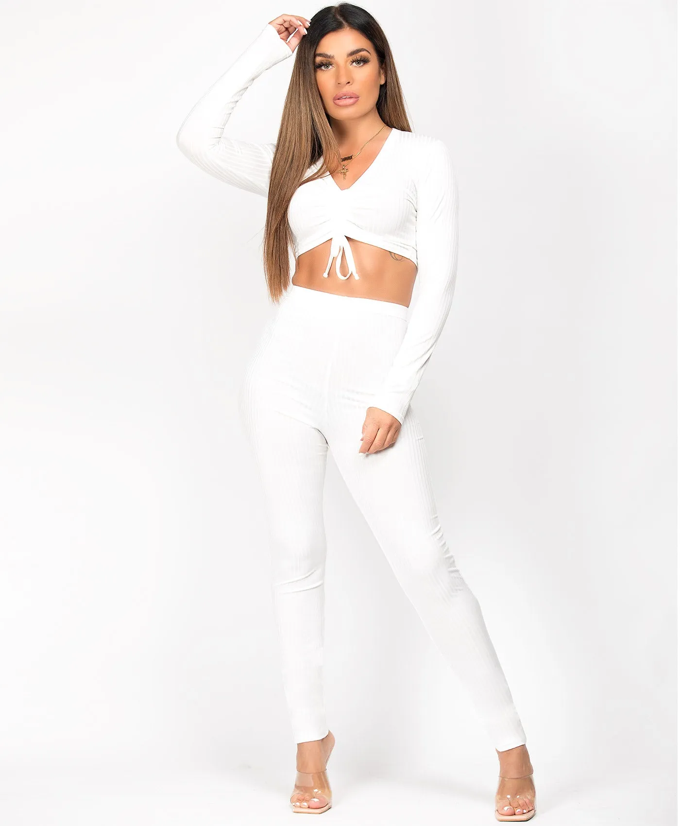 White Ribbed Tie Front Crop Top Loungewear Set