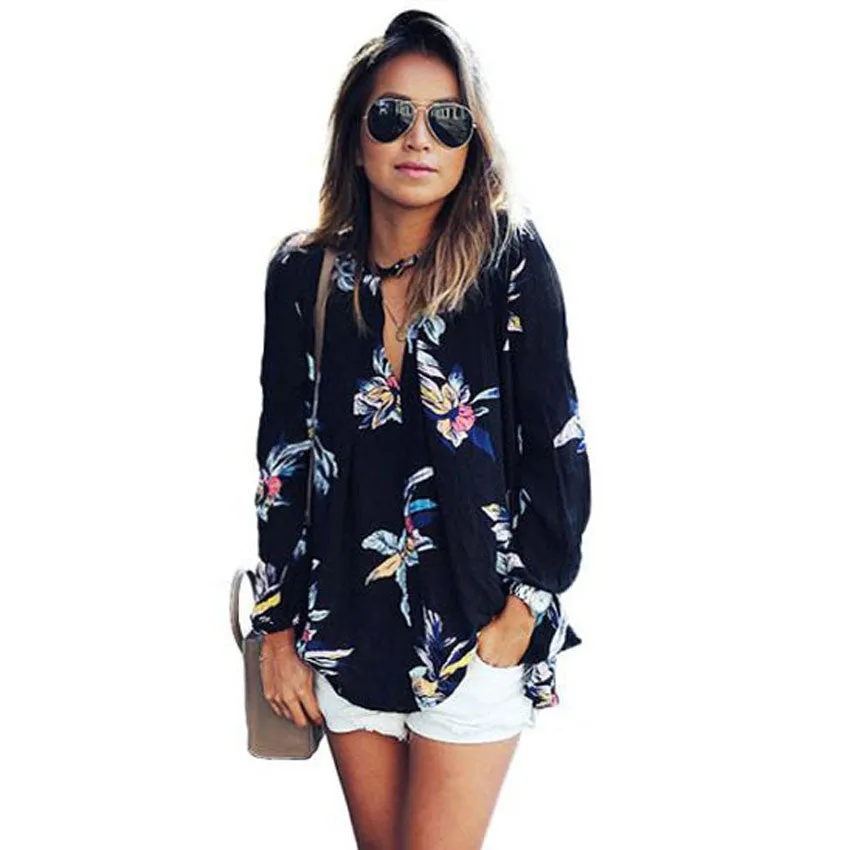 Womens Long Sleeves Chiffon Blouse with Floral Prints Loose V-Neck