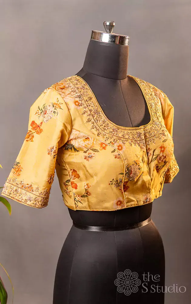 Yellow floral printed semi silk readymade blouse with hand embroidery