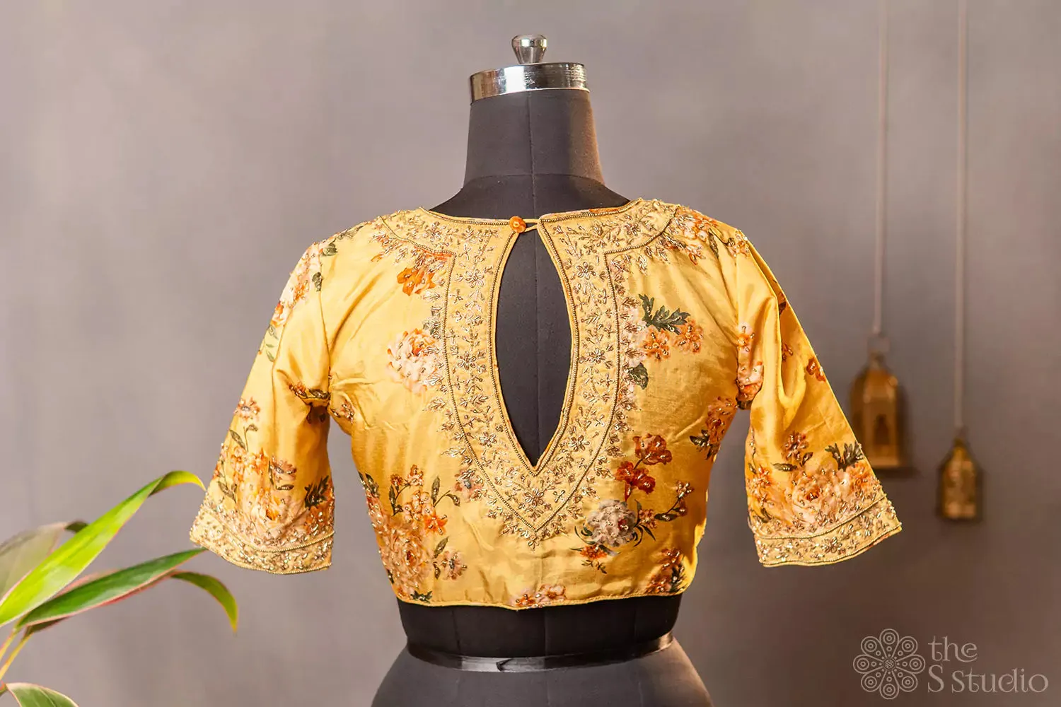 Yellow floral printed semi silk readymade blouse with hand embroidery