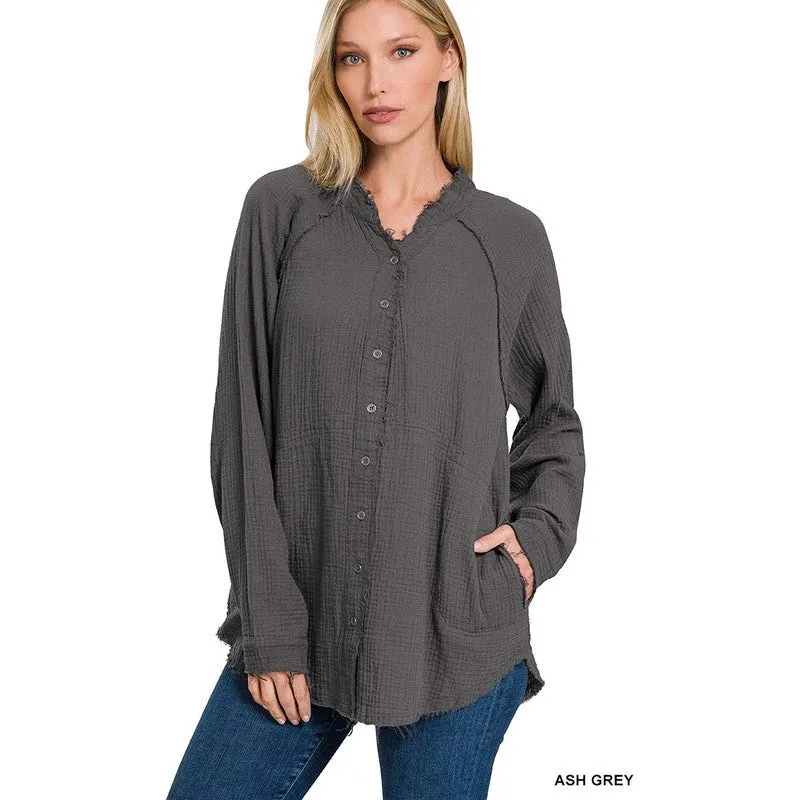 ZENANA Button Down Raw Edge Shirt