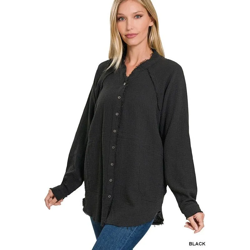 ZENANA Button Down Raw Edge Shirt